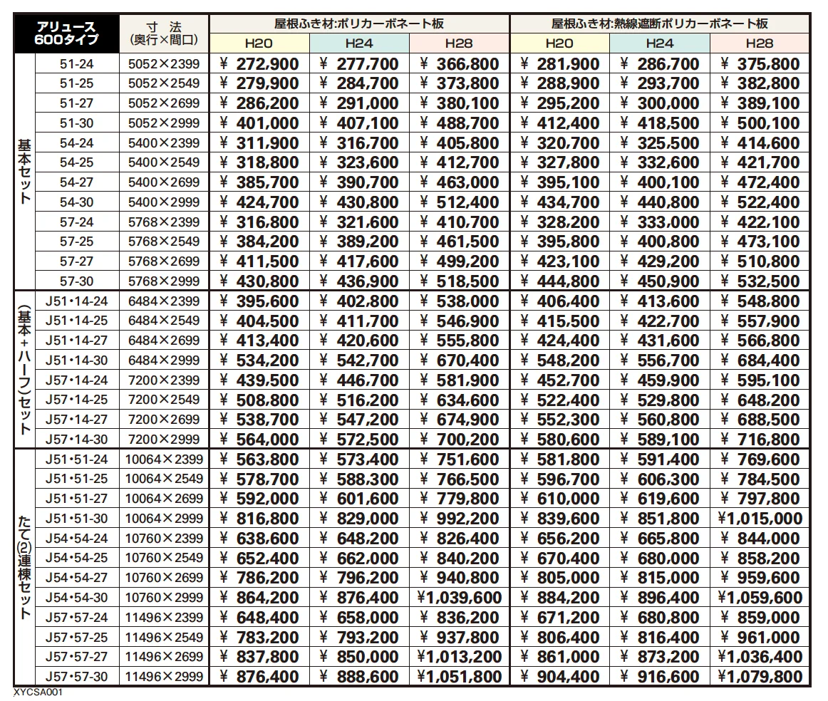 アリュース 600タイプ 基本セット／（基本＋ハーフ）セット／たて（2）連棟セット【2023年版】_価格_1