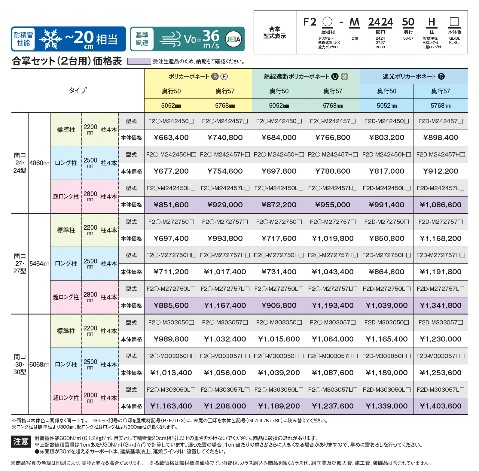 アーバンルーフⅡ レギュラータイプ カーポート：合掌(2台用)_価格_1
