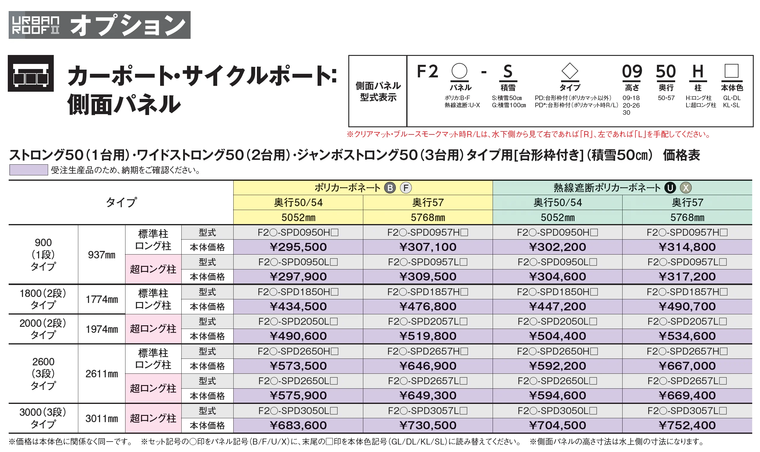 アーバンルーフⅡ カーポート：ストロングタイプ50基本(1台用)/ワイドストロングタイプ50基本(2台用)/ジャンボストロングタイプ50基本(3台用)_価格_2