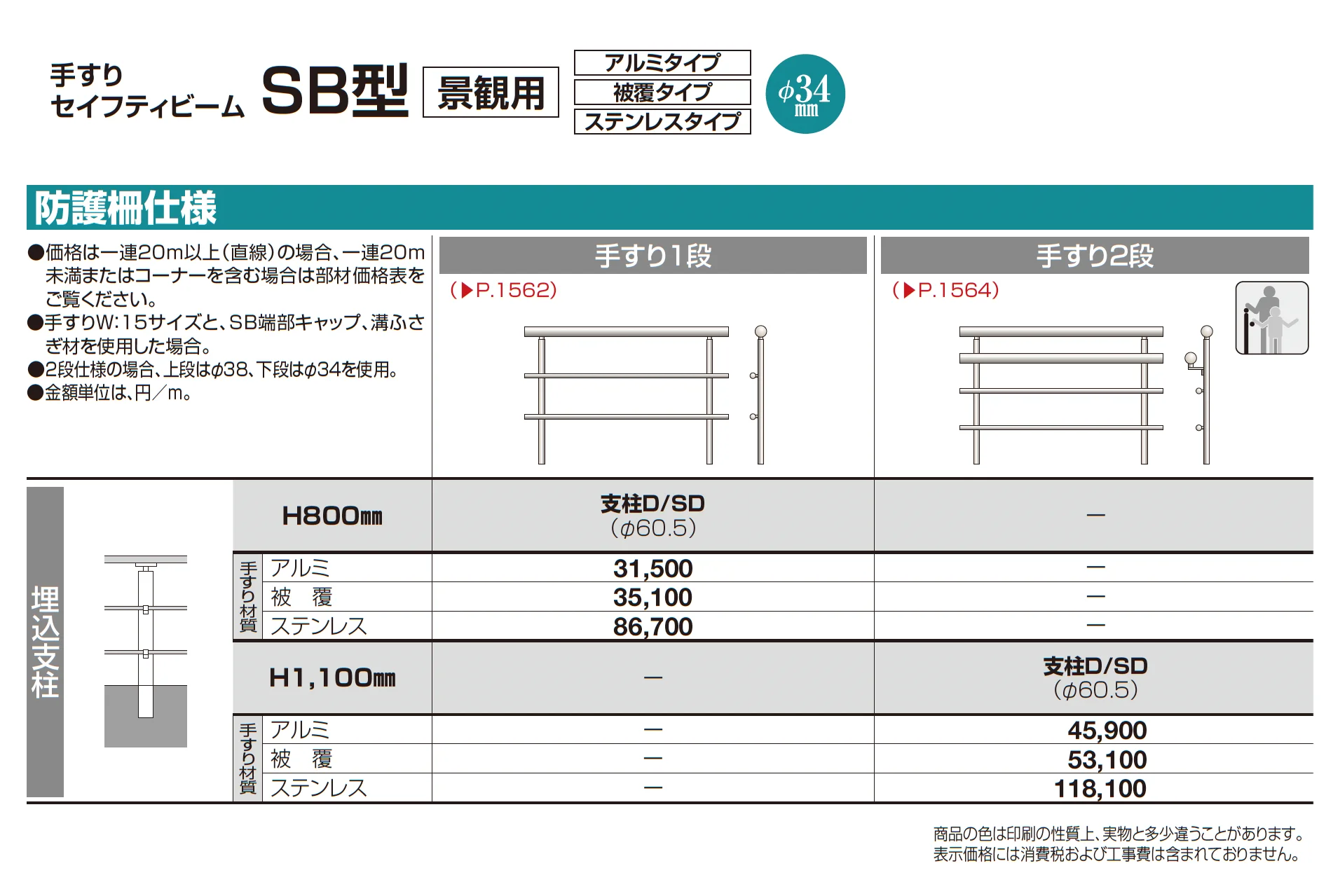 手すり セイフティビーム SB型 (アルミ・被覆・ステンレスタイプ)防護柵仕様・手すり1段_価格_1