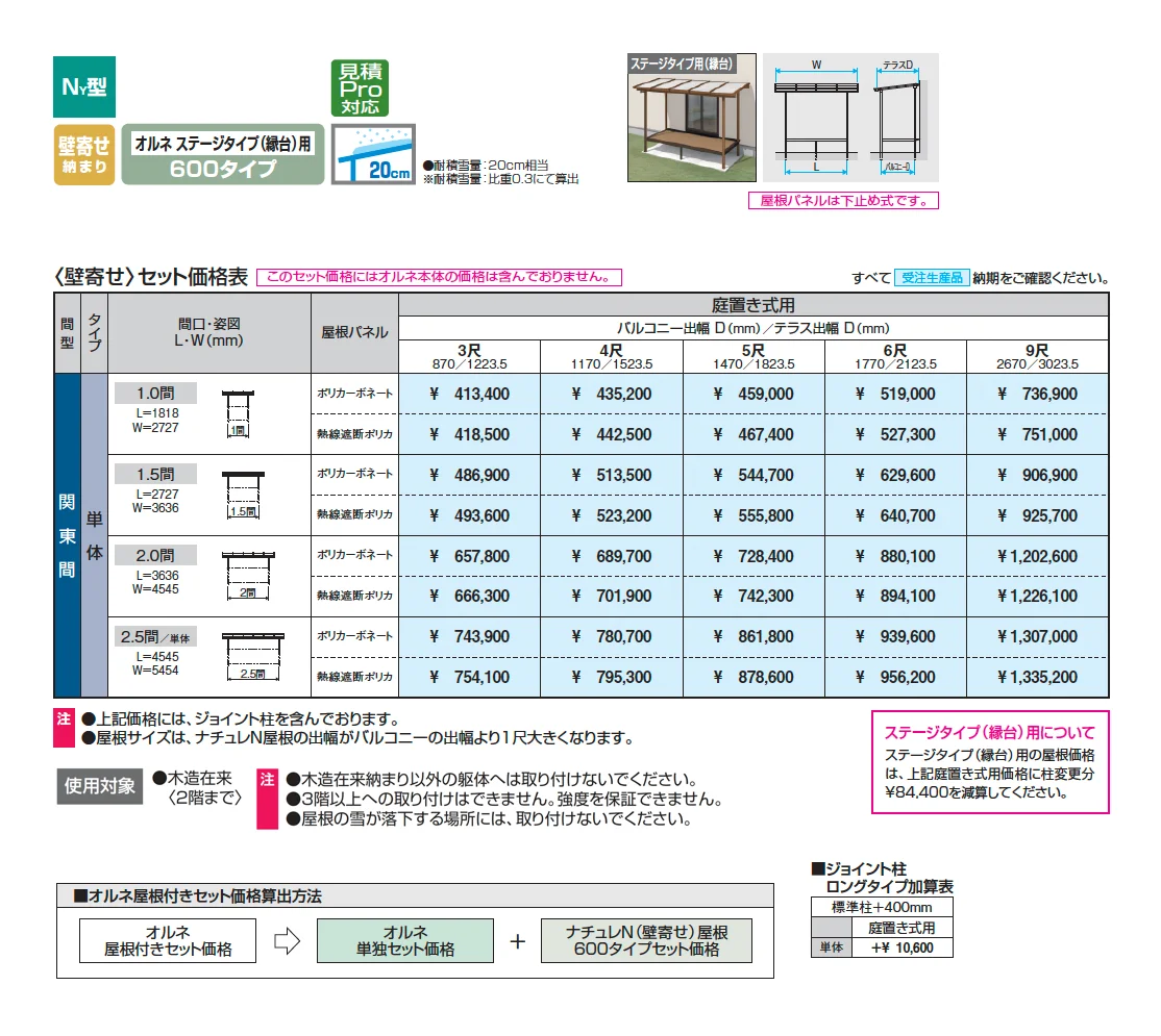 ナチュレN屋根(オルネ ステージタイプ(縁台)用 600タイプ 壁寄せ納まり)【2025年版】_価格_1