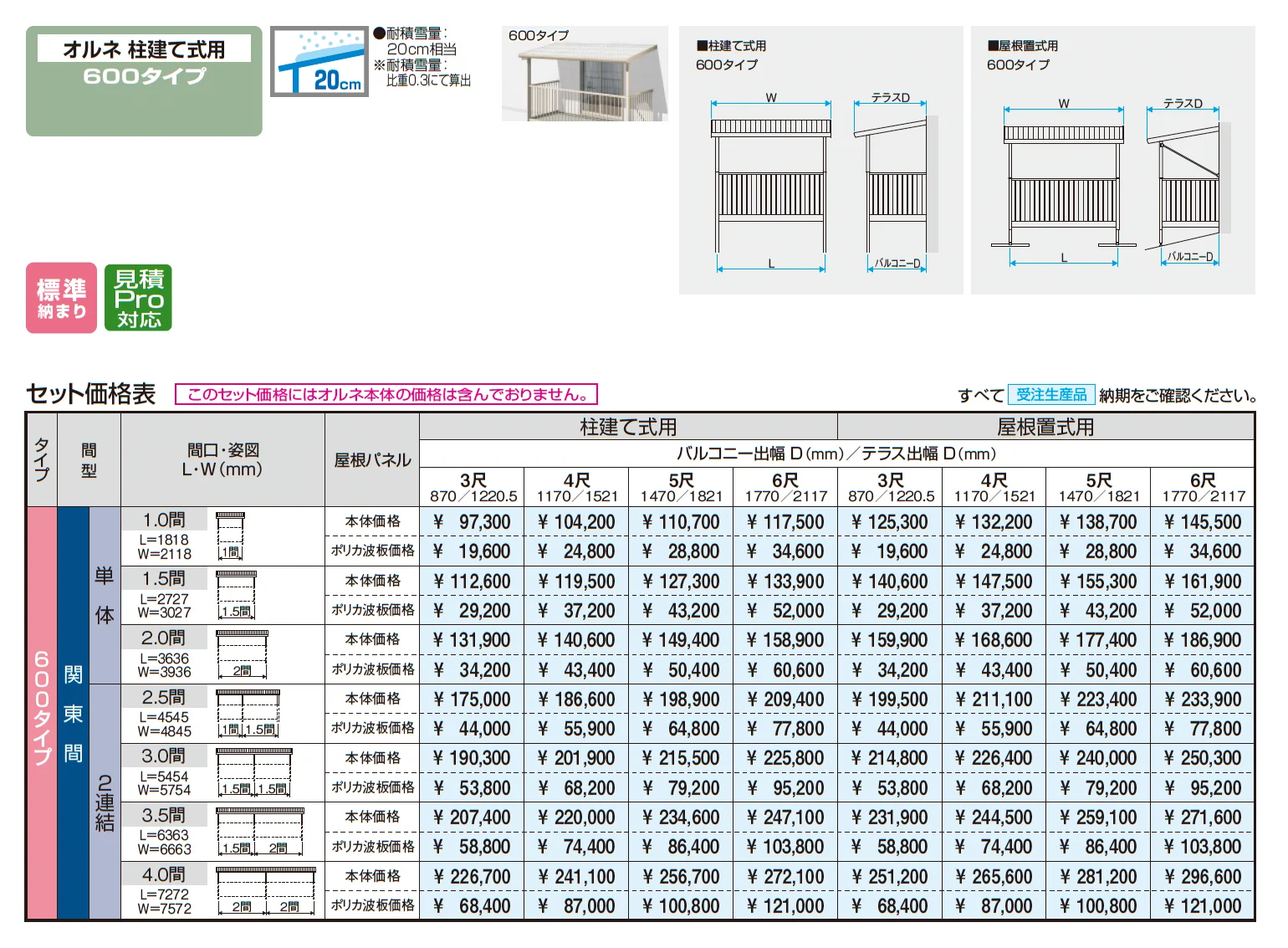 テラーネZ屋根(オルネ 柱建て式用 600タイプ)【2025年10月価格改訂版】_価格_1