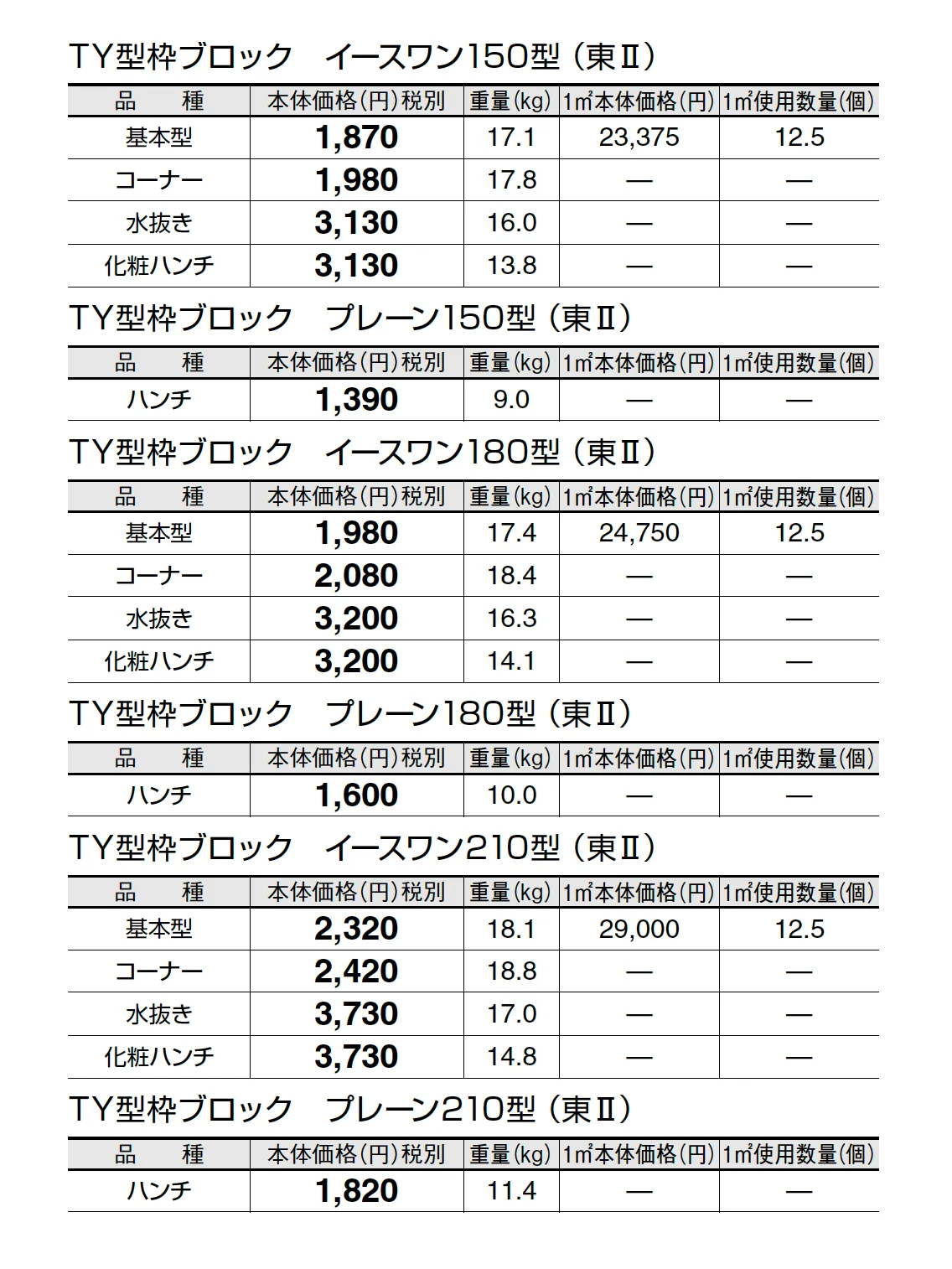 TY型枠ブロック イースワン【東日本】_価格_2