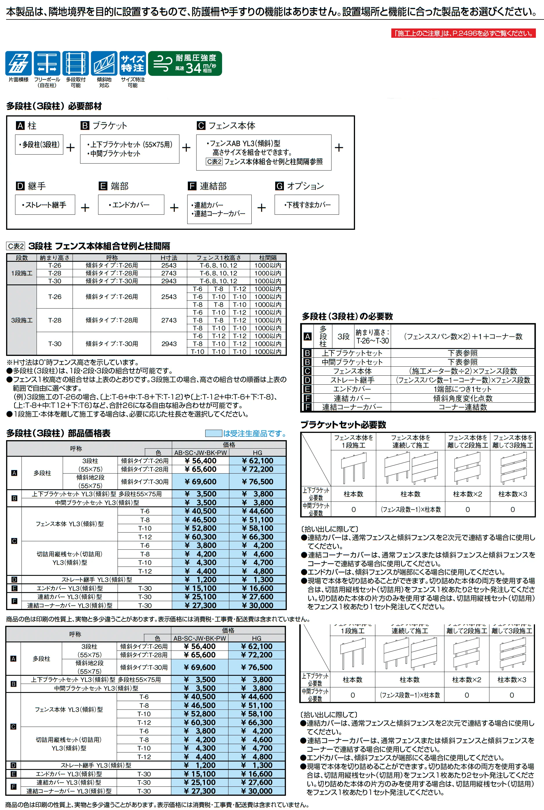 フェンスAB YL3(傾斜)型(横ルーバー)多段柱(3段柱)_価格_1