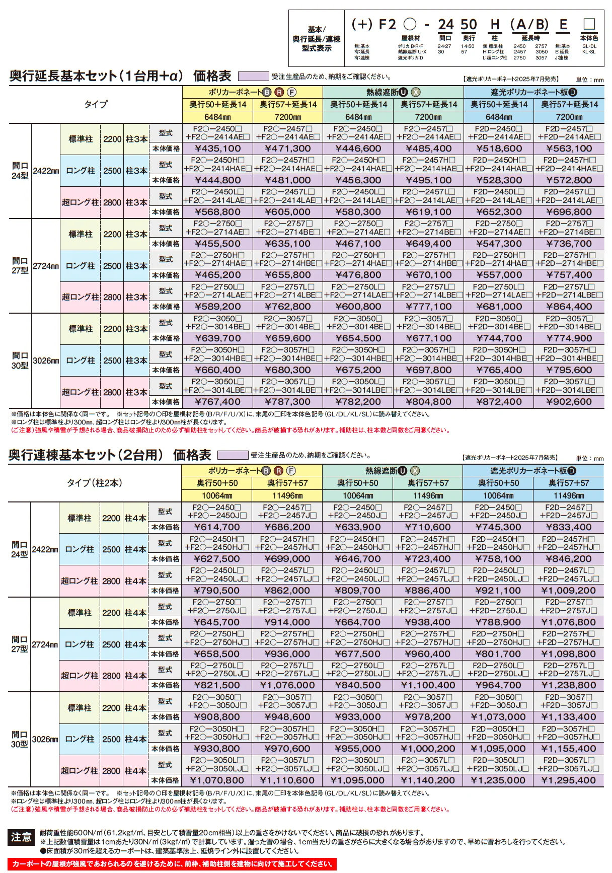 アーバンルーフⅡ レギュラータイプ カーポート：基本(1台用)/奥行延長(1台用+α)/奥行連棟(2台用)【2025年版】_価格_2