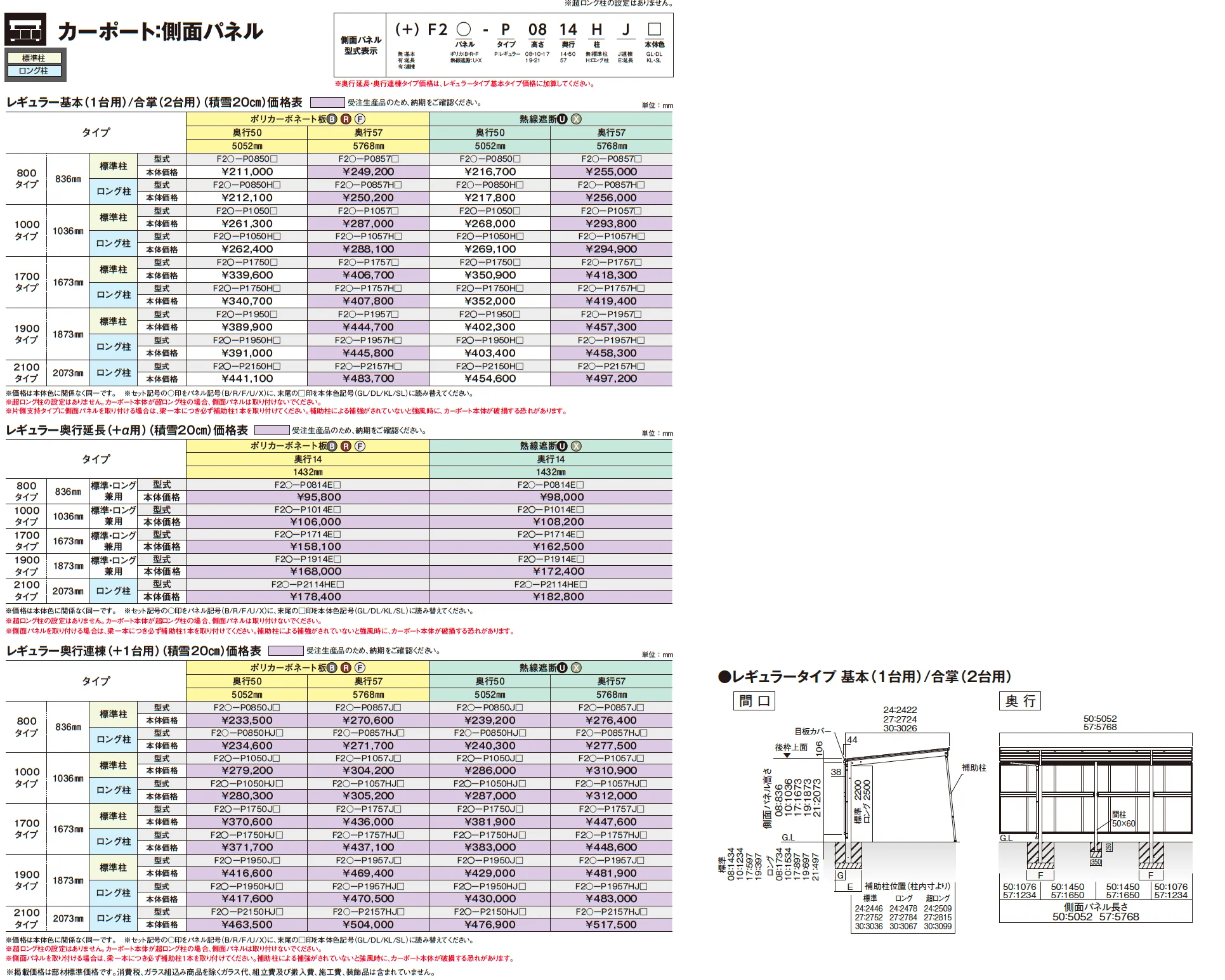 アーバンルーフⅡ レギュラータイプ カーポート：基本(1台用)/奥行延長(1台用+α)/奥行連棟(2台用)【2025年版】_価格_3