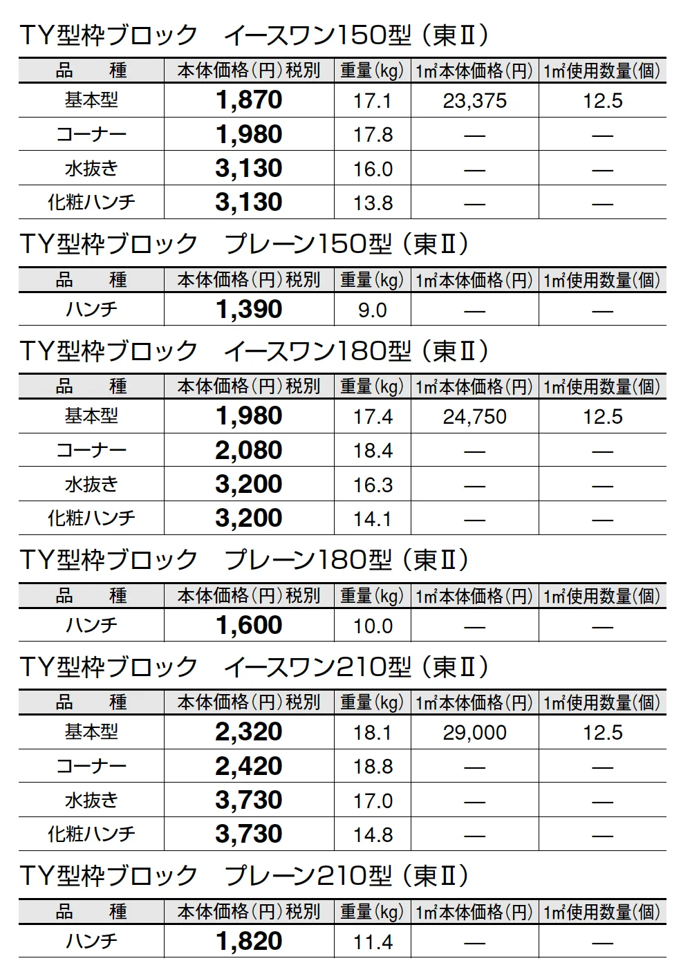 TY型枠ブロック イースワン【東日本】【2025年版】_価格_2
