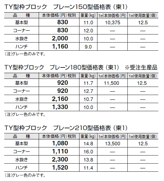 TY型枠ブロック プレーン【東日本】【2024年版】_価格_1