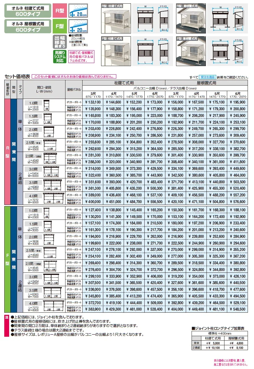レボリューA屋根(オルネ 屋根置式用 600タイプ 出幅移動納まり)【2024年版】_価格_1