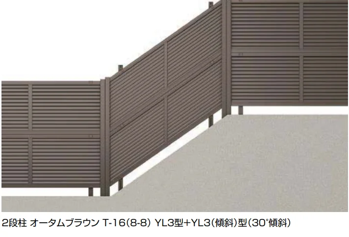 LIXILの「フェンスAB YL3(傾斜)型(横ルーバー)多段柱(2段柱)【2023年版】」