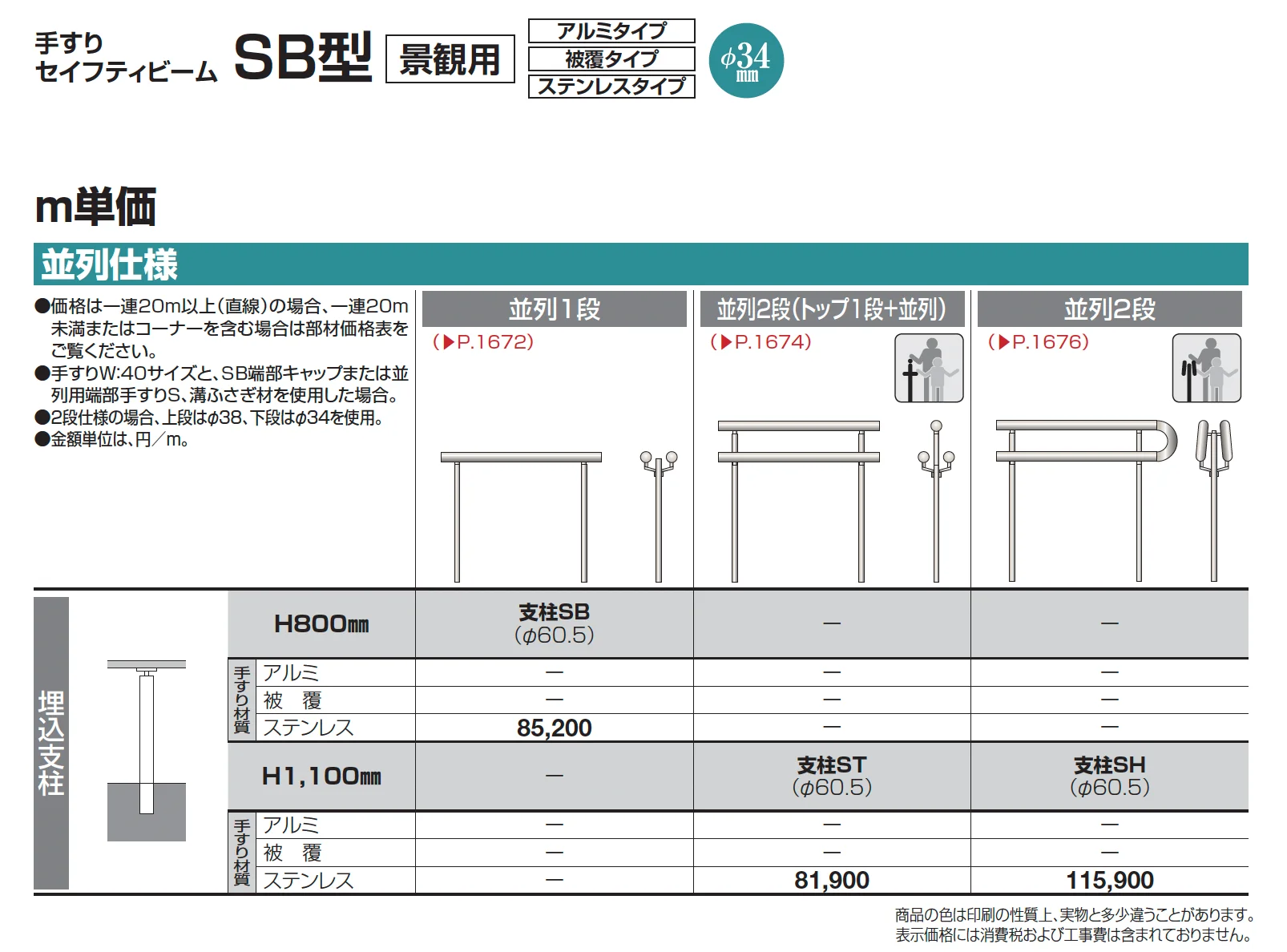 手すり セイフティビーム SB型 (ステンレスタイプ)並列仕様・並列2段(トップ1段＋並列)【2025年版】_価格_1