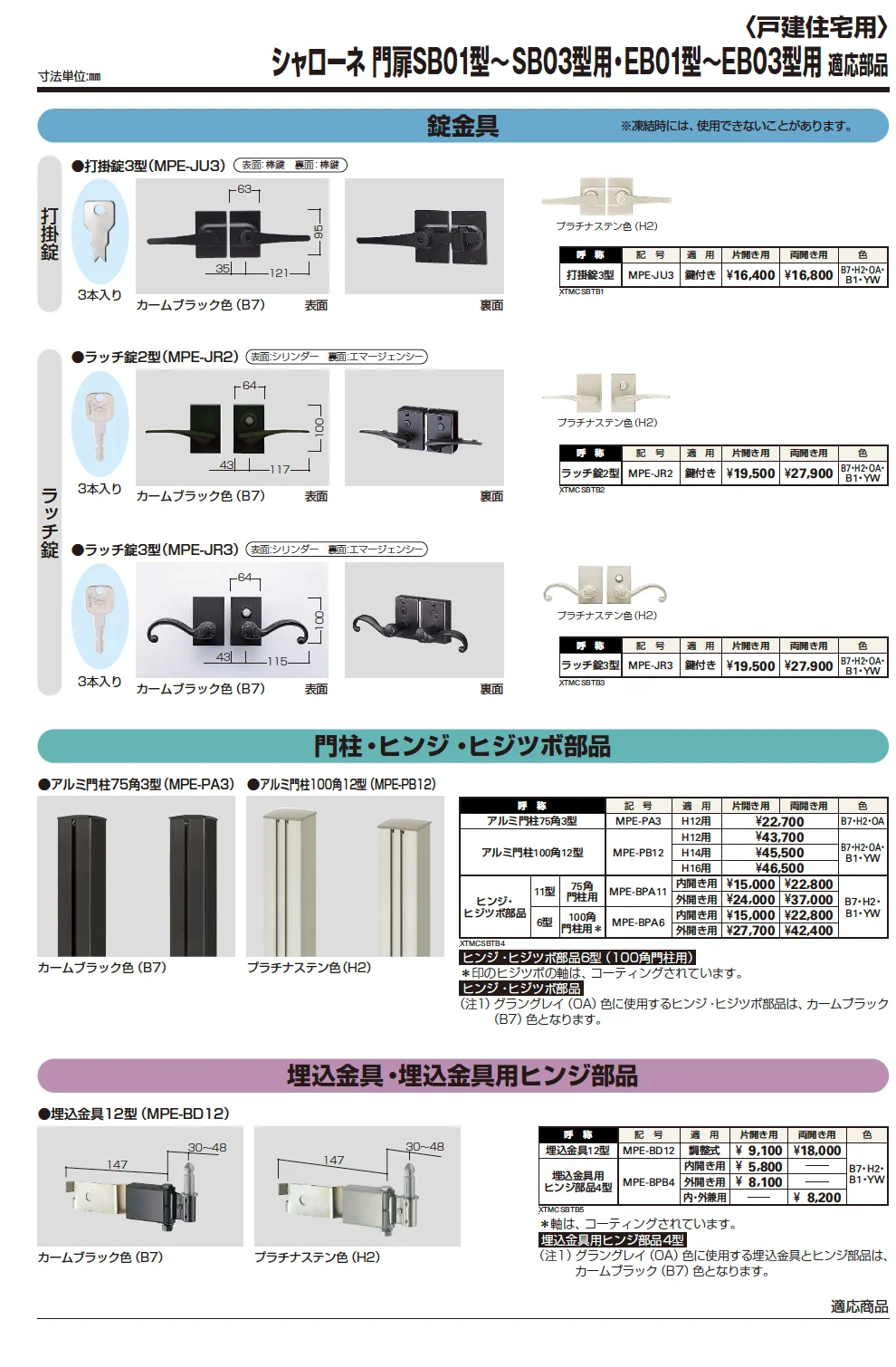 YKK AP 適応部品/シャローネ門扉SB01型〜SB03型・EB01型〜EB03用型用(2023年版)1