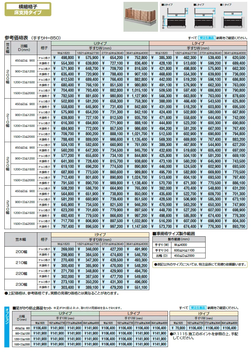バルコニー手すりM型(横細格子 床支持タイプ)【2025年10月価格改訂版】_価格_1