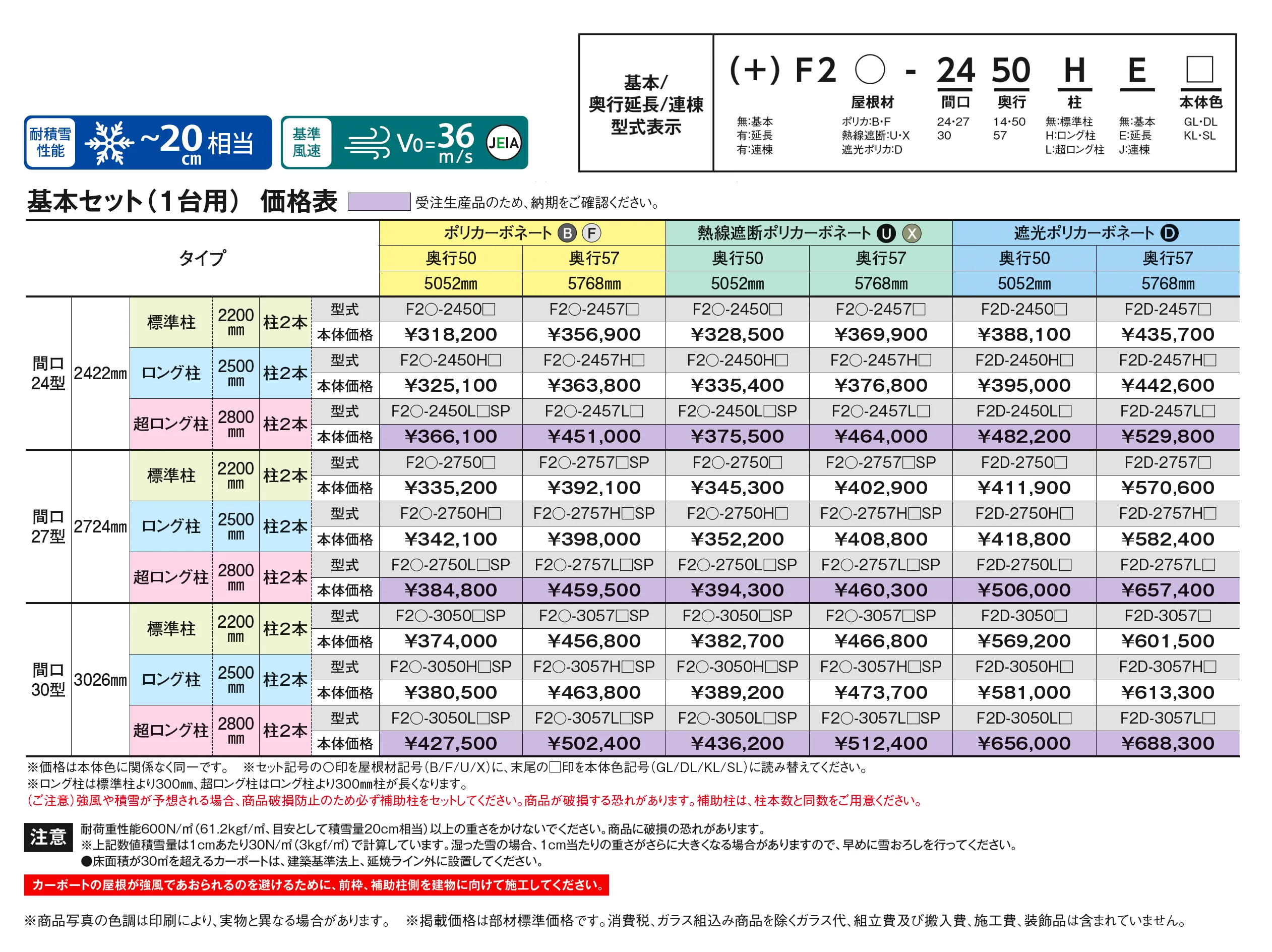 アーバンルーフⅡ レギュラータイプ カーポート:基本(1台用)/奥行延長(1台用+α)/奥行連棟(2台用)_価格_1