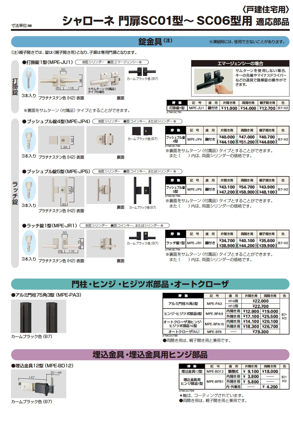 YKK AP 適用部品/シャローネ門扉SC01型〜SC06型用(2023年版)1
