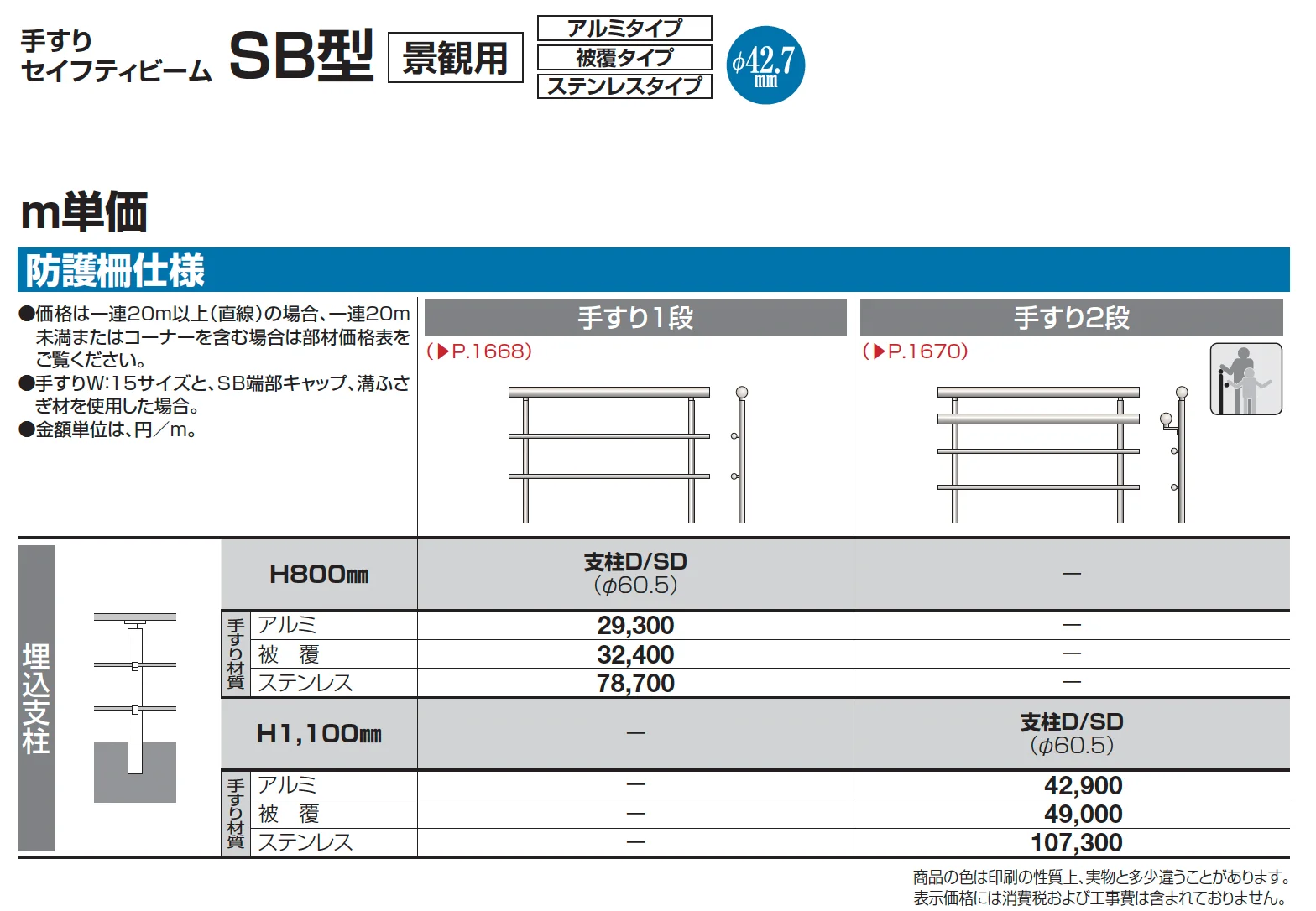手すり セイフティビーム SB型 (アルミ・被覆・ステンレスタイプ)防護柵仕様・手すり1段【2025年版】_価格_3