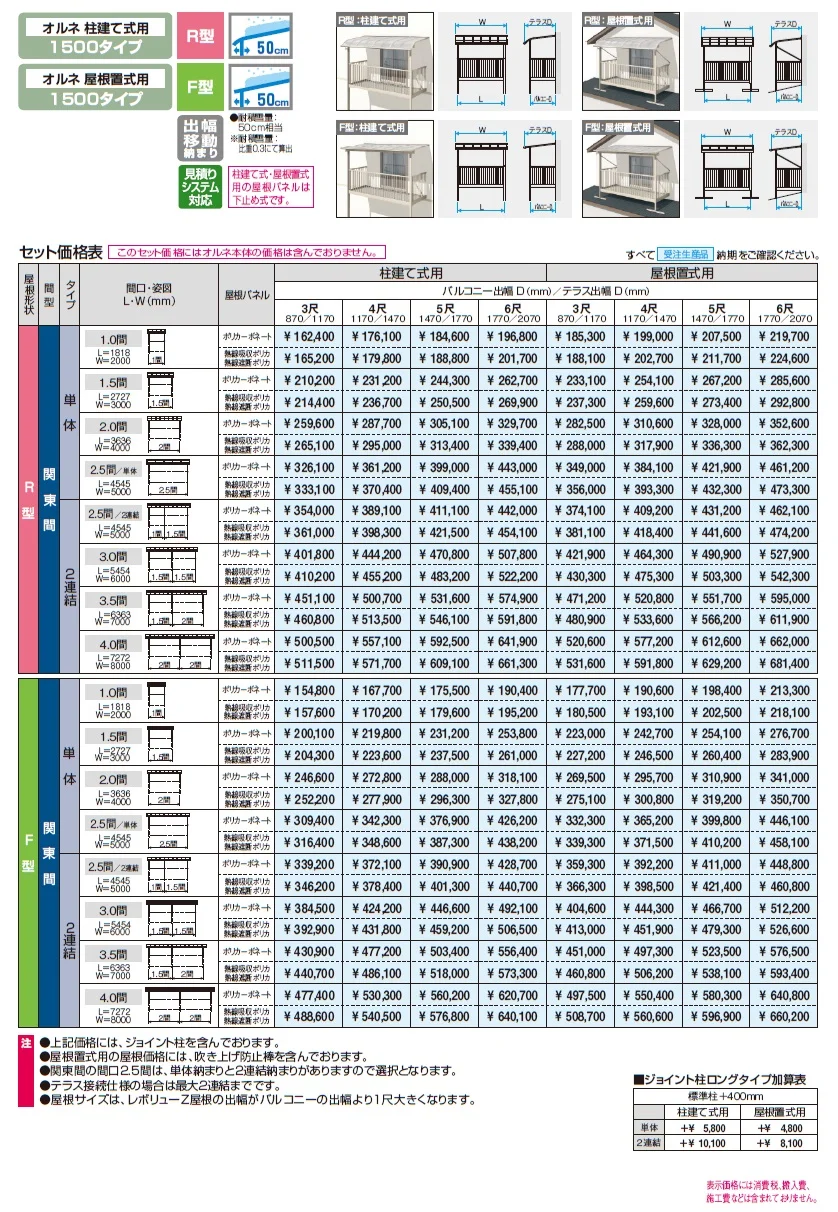 レボリューZ屋根(オルネ 屋根置式用 1500タイプ 出幅移動納まり)【2024年版】_価格_1