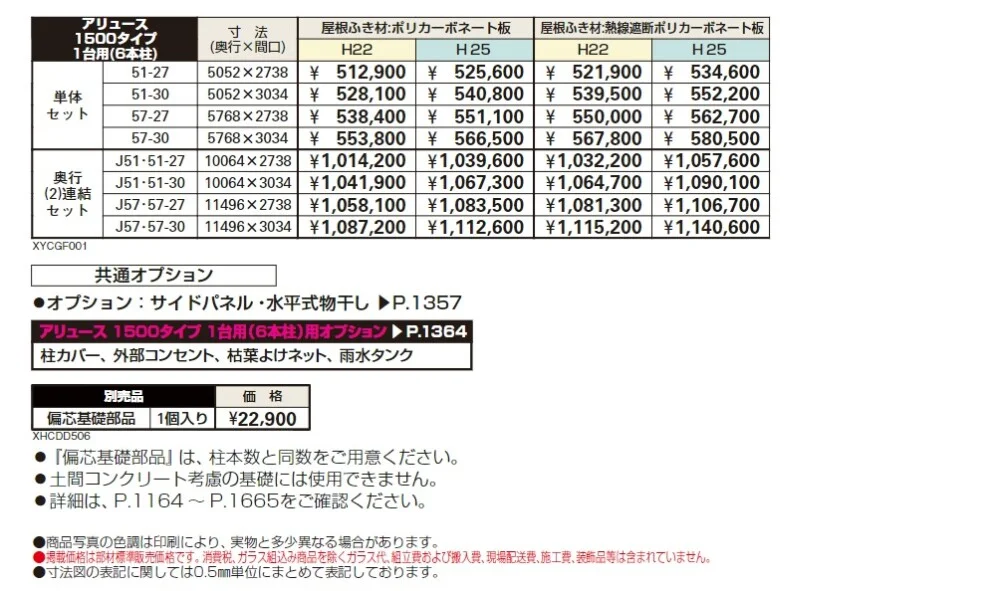アリュース 1500タイプ 1台用（６本柱）単体セット／奥行（2）連結セット【2024年版】_価格_1