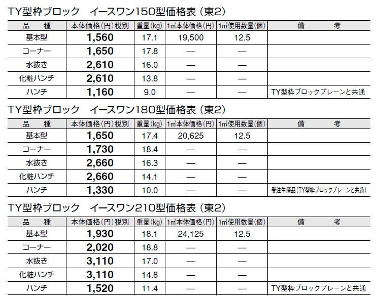 TY型枠ブロック イースワン【東日本】【2024年版】_価格_2