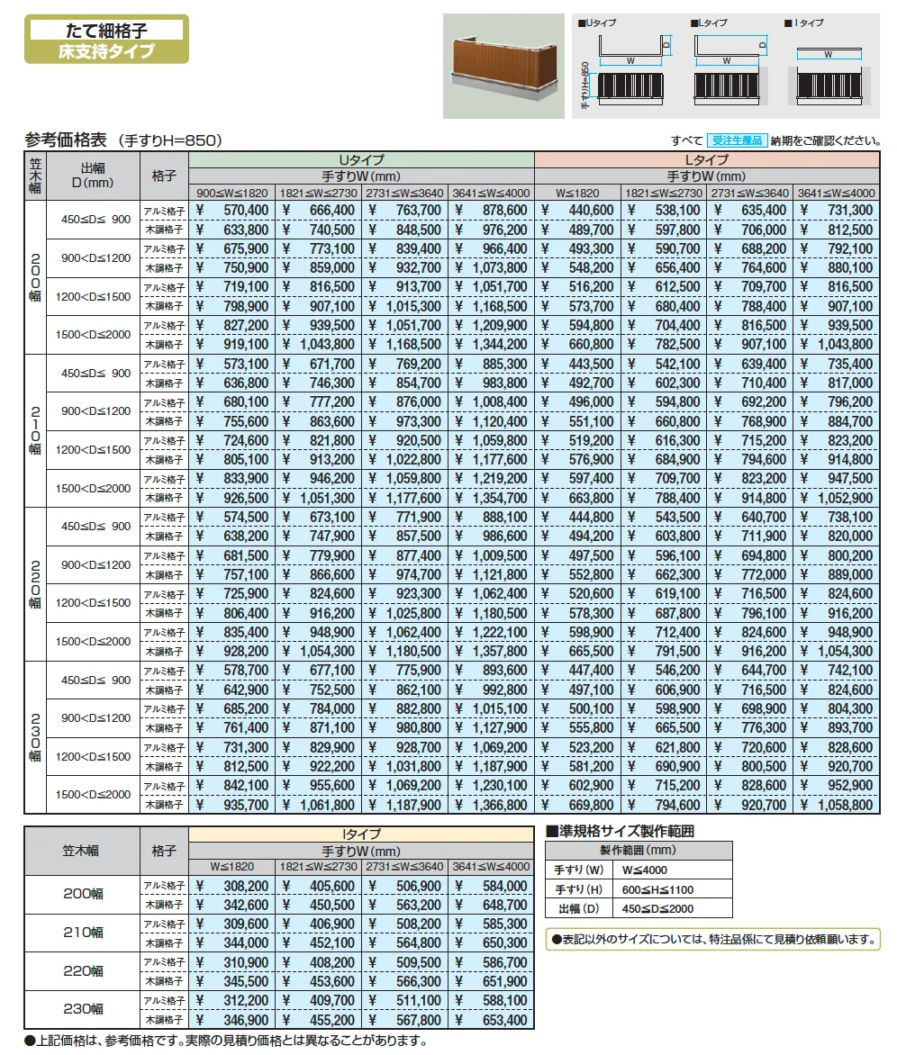 バルコニー手すりM型(たて細格子 床支持タイプ)【2025年10月価格改訂版】_価格_1