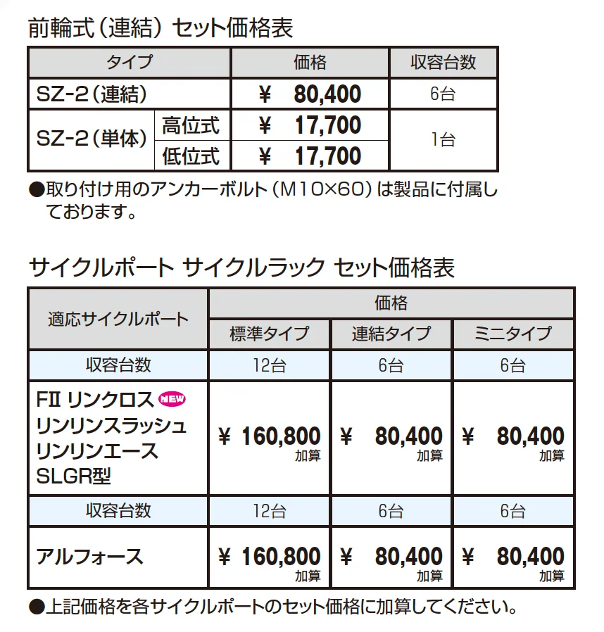 サイクルラック SZｰ2型 前輪式(連結)【2025年10月価格改訂版】_価格_1