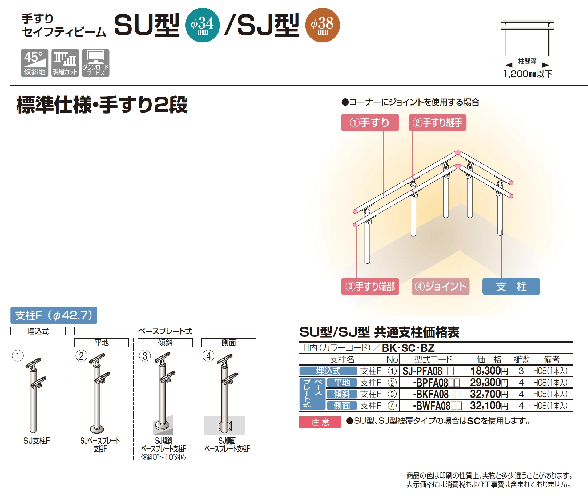 手すり セイフティビーム SU型Φ34mm / SJ型 Φ38mm 標準仕様・手すり2段_価格_3