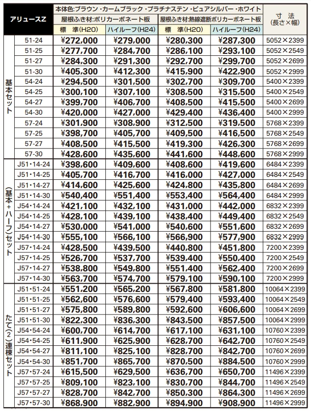 アリュースZ 750タイプ 基本セット/(基本+ハーフ)セット/たて(2)連棟セット 【2022年版】_価格_1