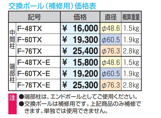 ビポールBP フック固定型 取り外し式 中間柱 交換ポール(補修用) φ60.5 【2022年版】_価格_1