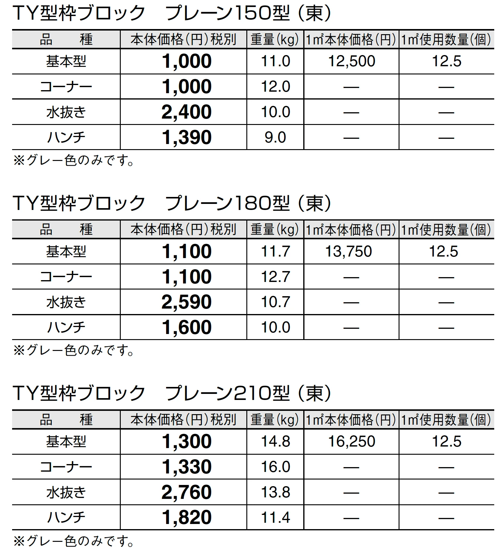 TY型枠ブロック プレーン【東日本/中部・北陸・近畿】_価格_1