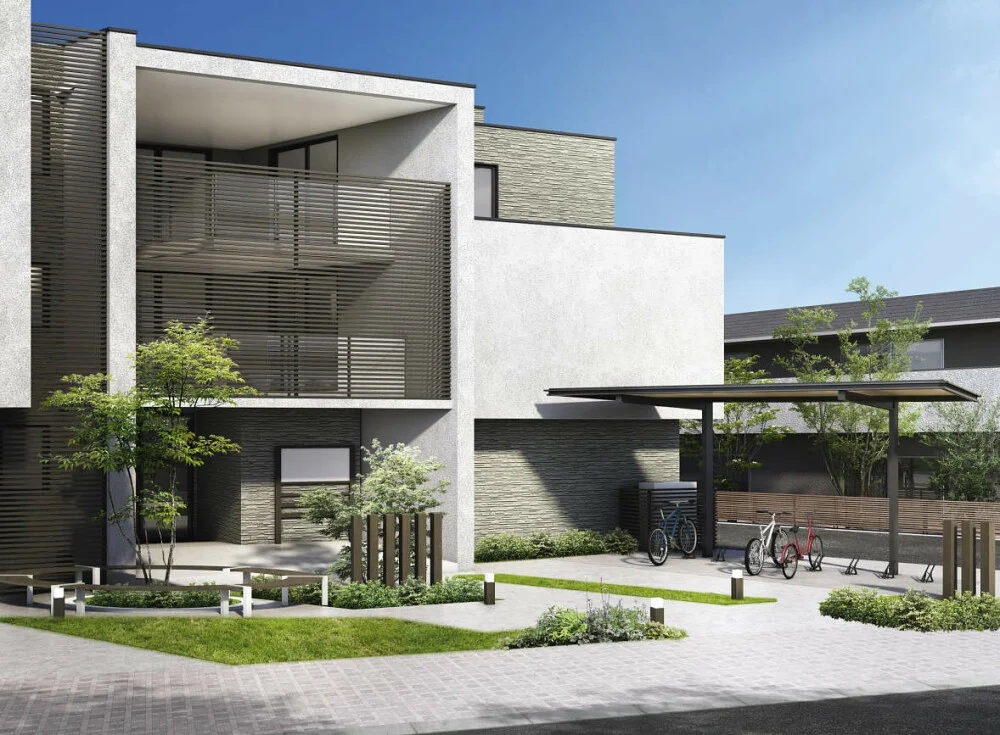 集合住宅の駐車場屋根も建物に合わせてラグジュアリーな木調に。