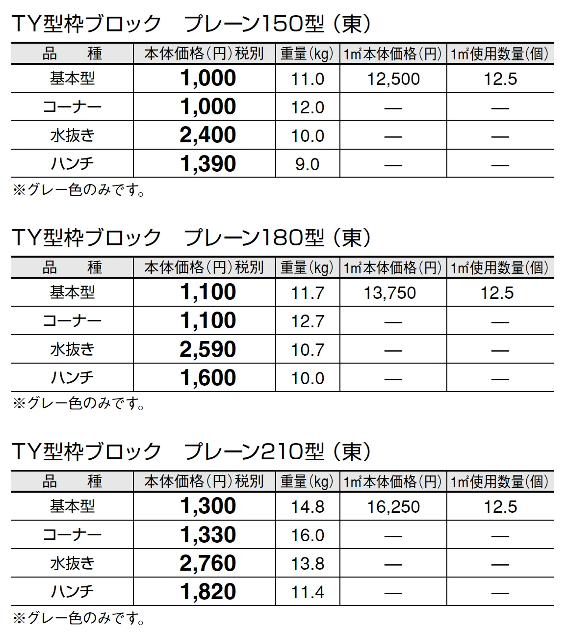 TY型枠ブロック プレーン【東日本/中部・北陸・近畿】【2025年版】_価格_1